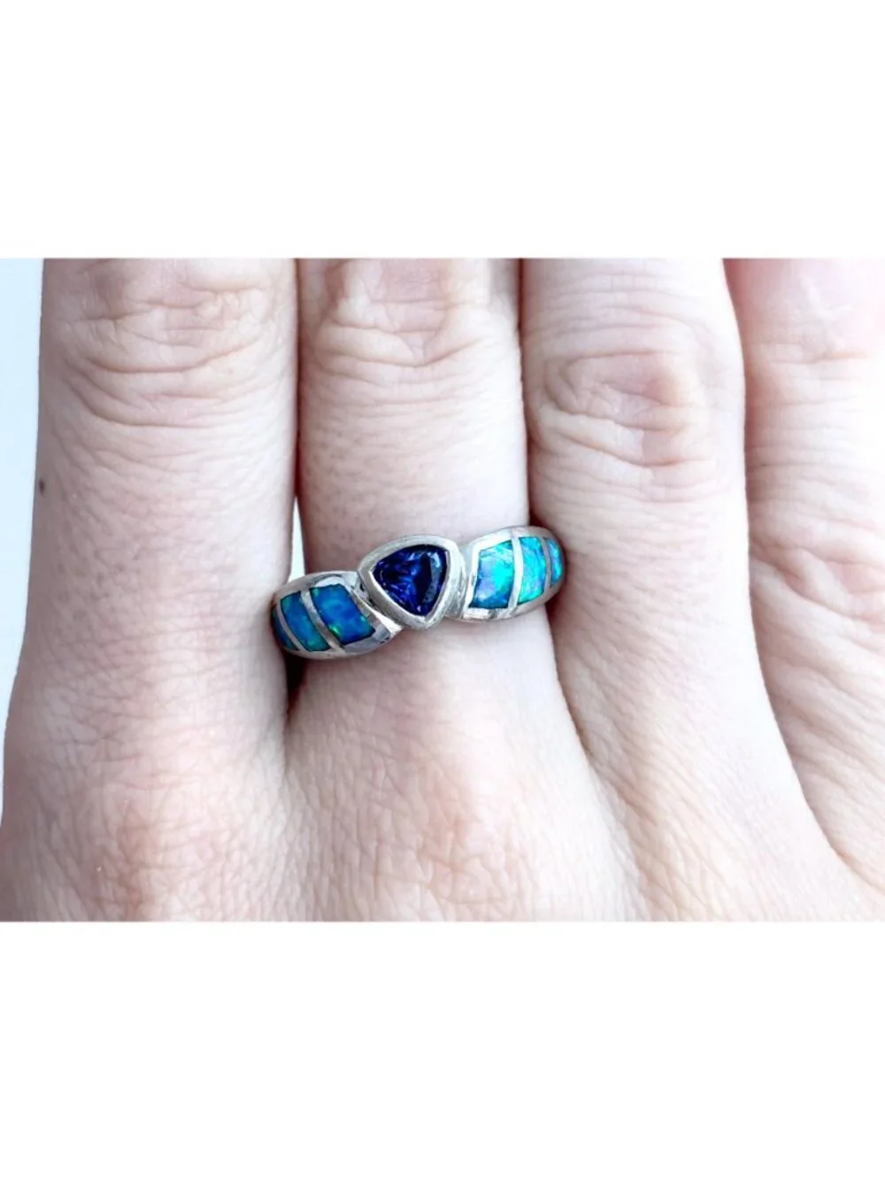 Tanzanite & Opal Framed Gemstone Sterling Silver 925 Vintage Ring - sz 7.25